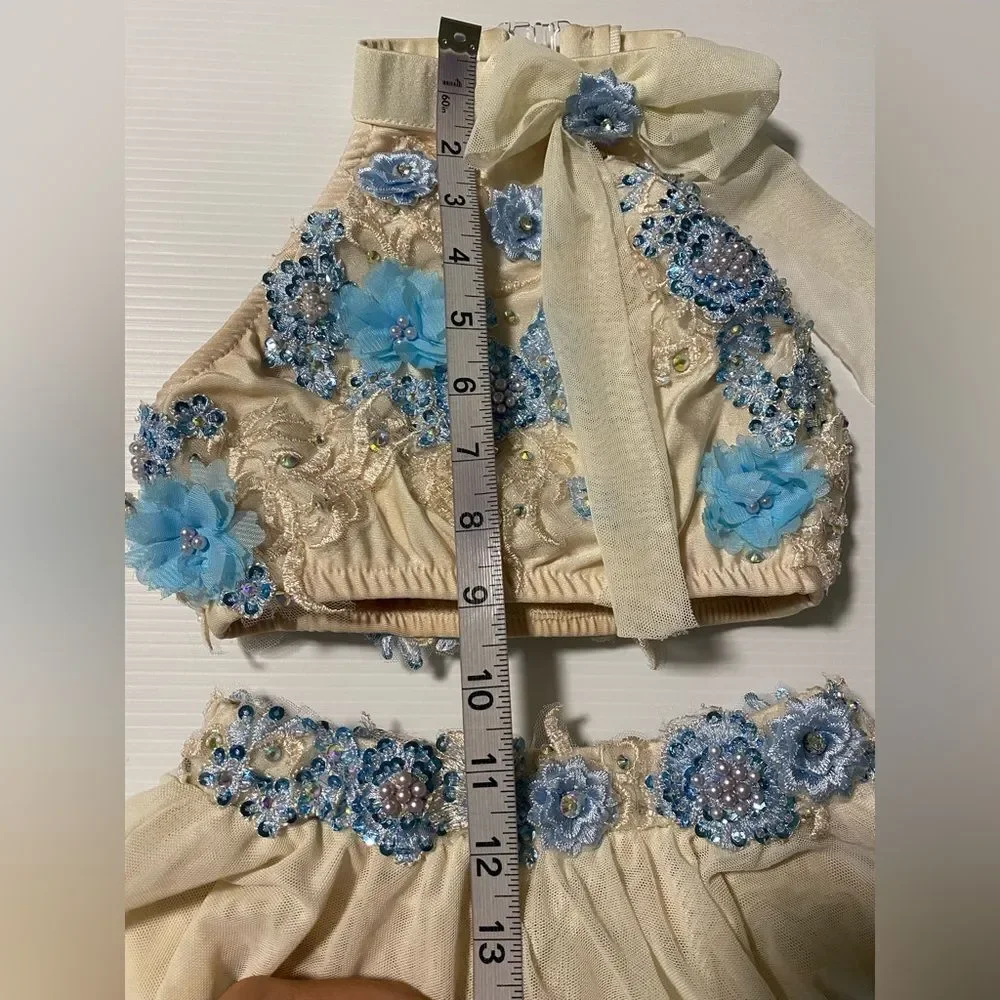 Glamour solo dance costume 2 piece white blue lyrical contemporary MC med child